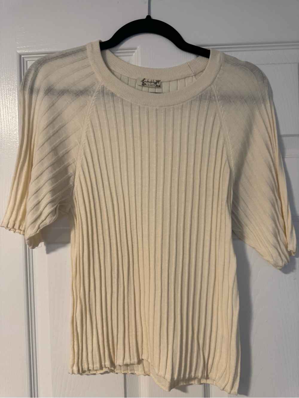 Cream Ribbed Short-Sleeve Crewneck Sweater